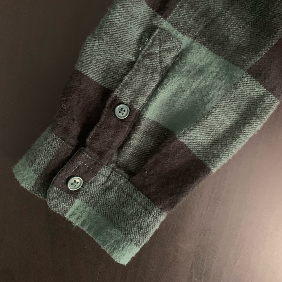 Green and black plaid flannel hooded button up - Picture 2 of 4